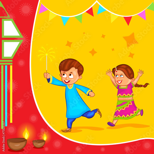 Kids enjoying firecracker celebrating Diwali