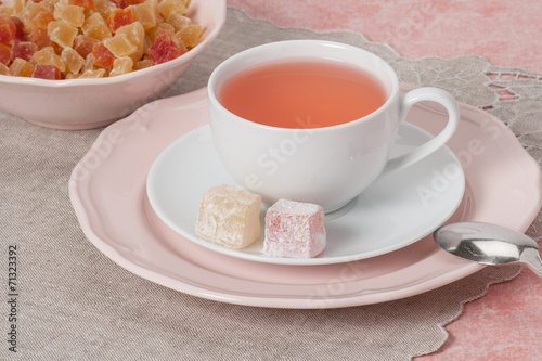 Assorted Turkish Delight. Cup Of Fruit Tea. Natural Linen Napkin