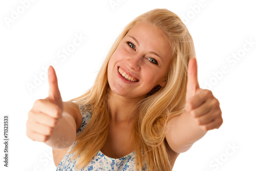 Young business woman with blonde hair and blue eyes gesturing su