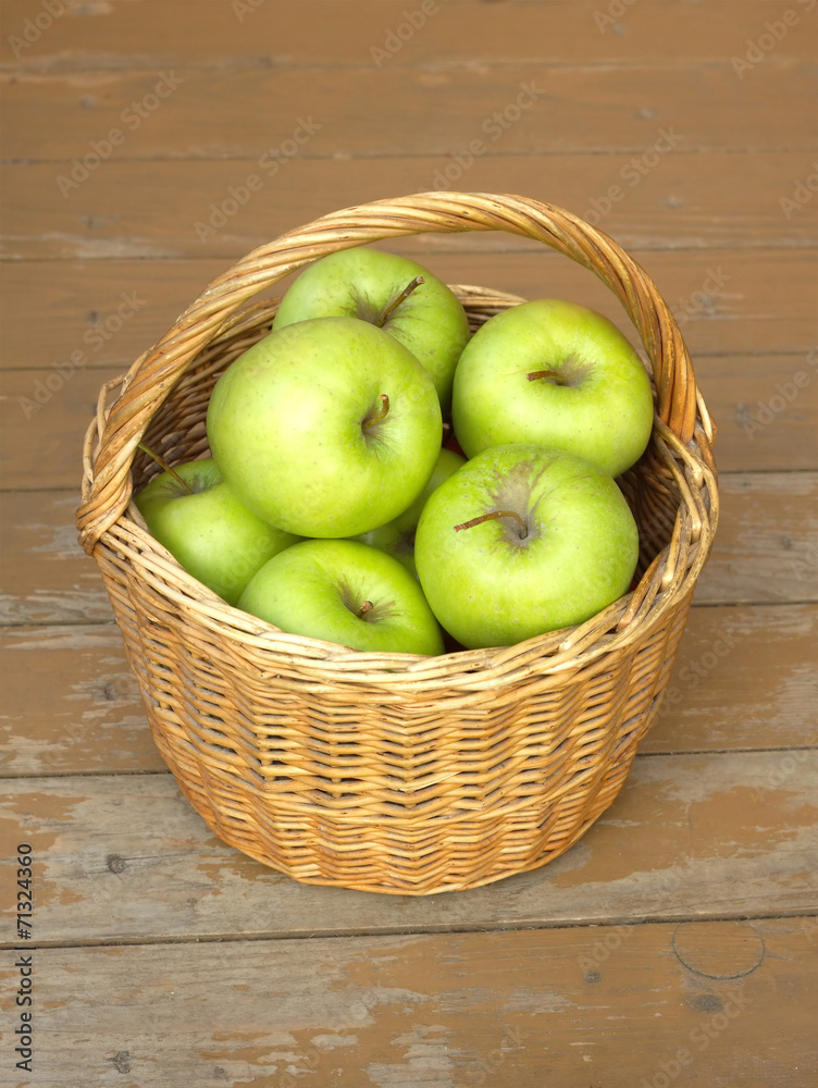 Ripe green apples in wicker basket closeup Ripe green apples in wicker basket closeup