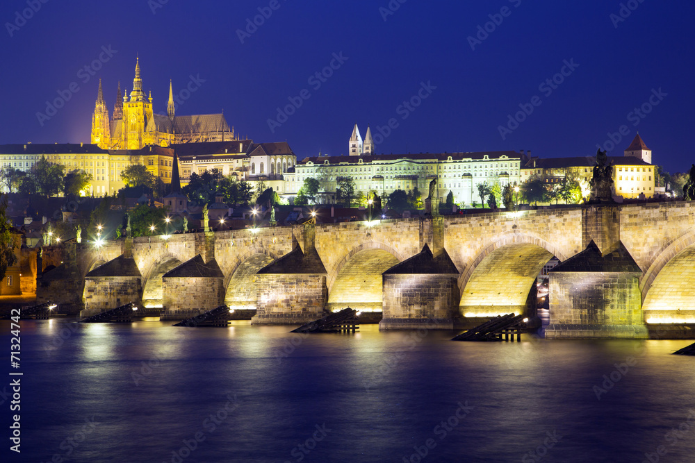 View of the Charles Bridge and Castle in Prague at night