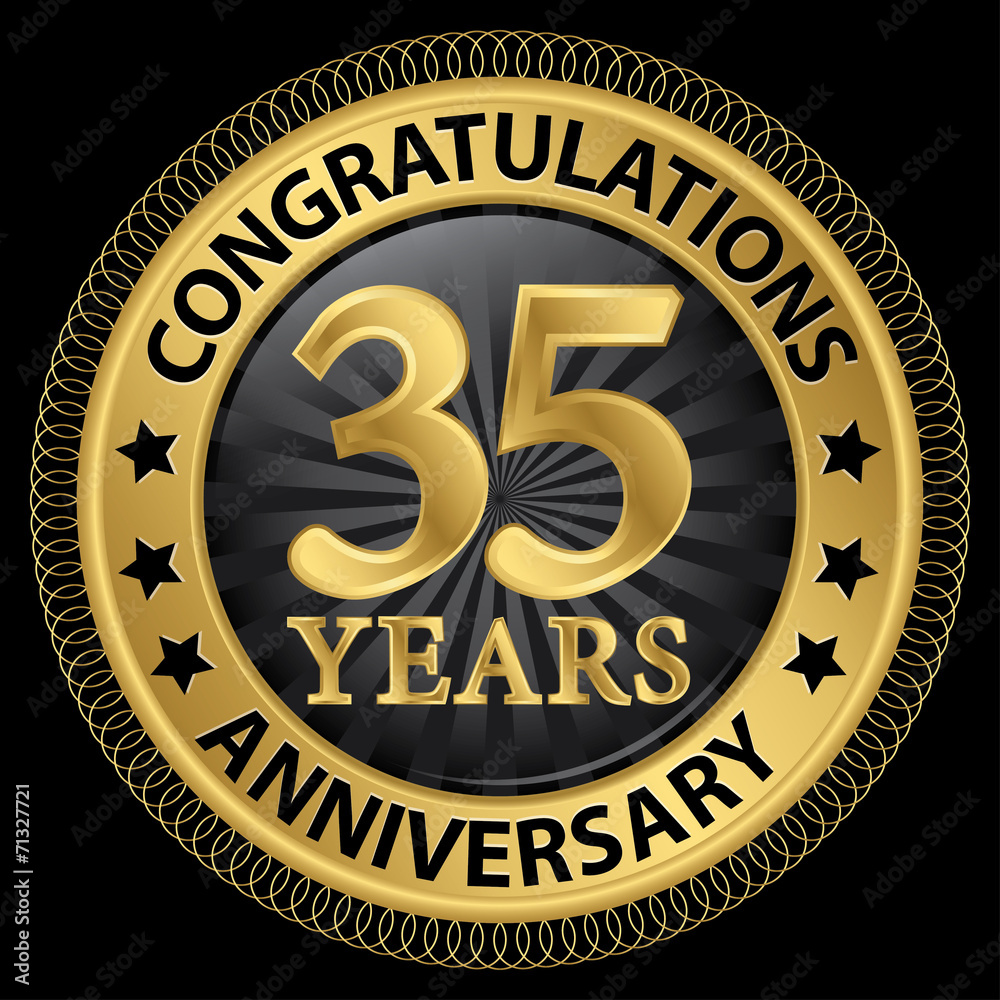 35 years anniversary congratulations gold label with ribbon, vec
