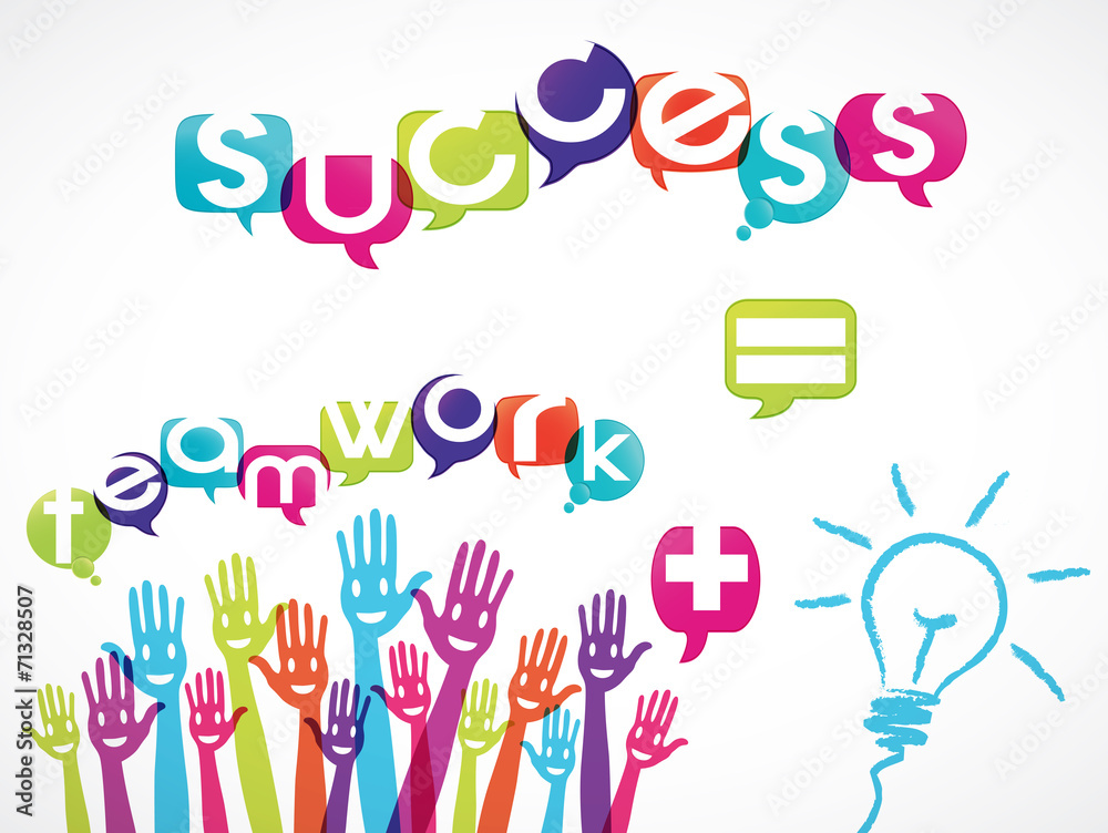 mains groupe souriant : teamwork + idea = success