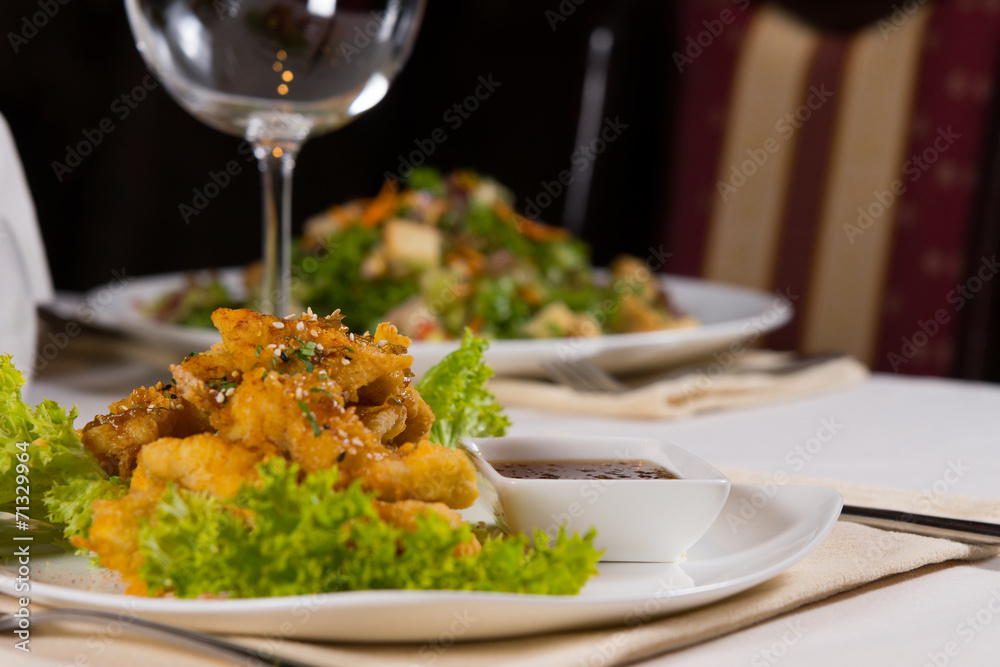 Close up Appetizing Healthy Recipe with Dip Sauce