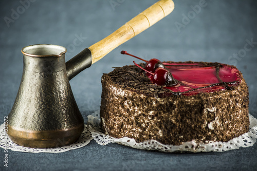 cake with cherry and coffee