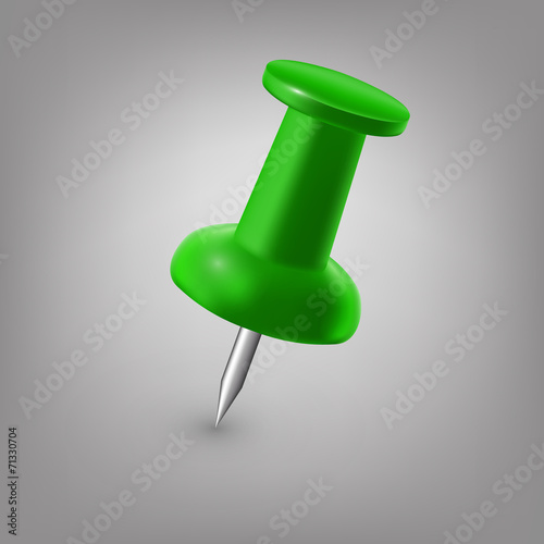 Green push pin isolated, vector.