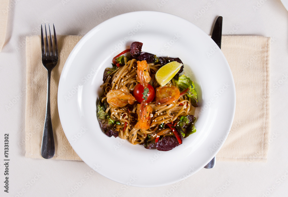 Overhead of Shrimp and Stir Fried Noodles in Bowl Overhead of Shrimp and Stir Fried Noodles in Bowl