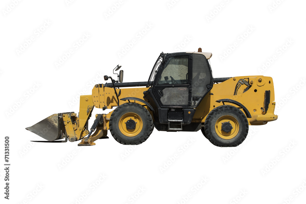 Yellow tractor - dozer - pitchfork on white background