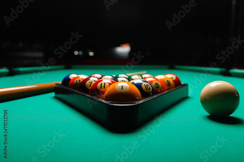 Billiard balls in a pool table.