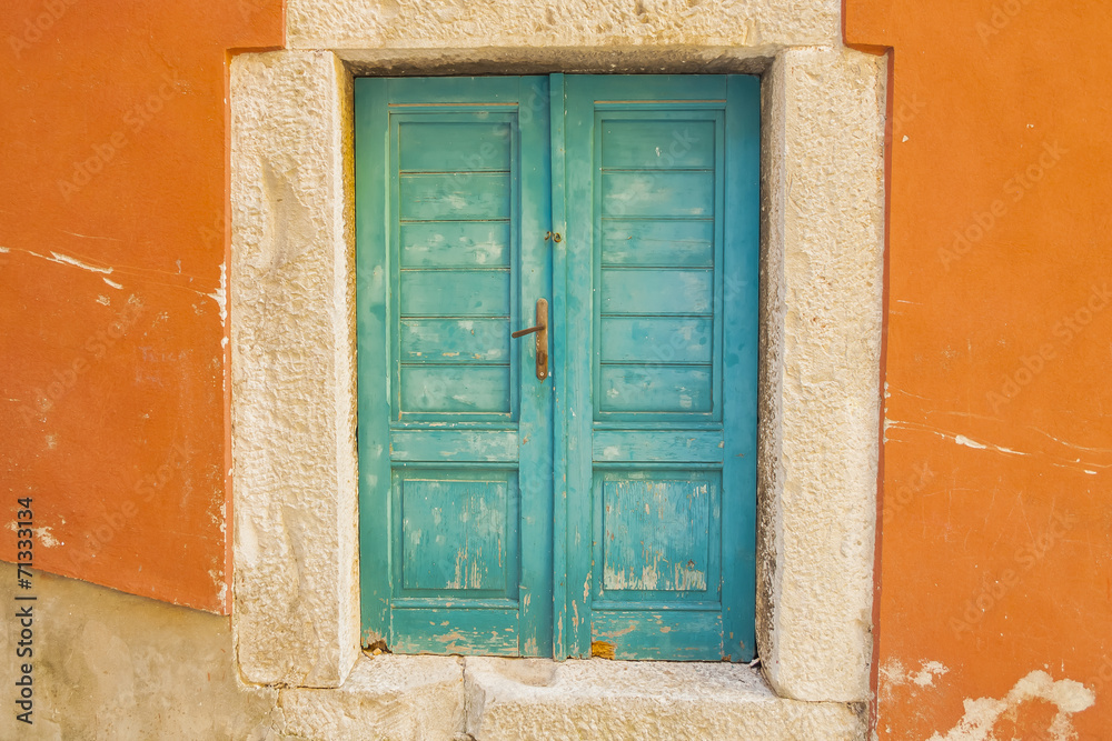 Closed turquoise wooden door. Croatia. Closed turquoise wooden door. Croatia.