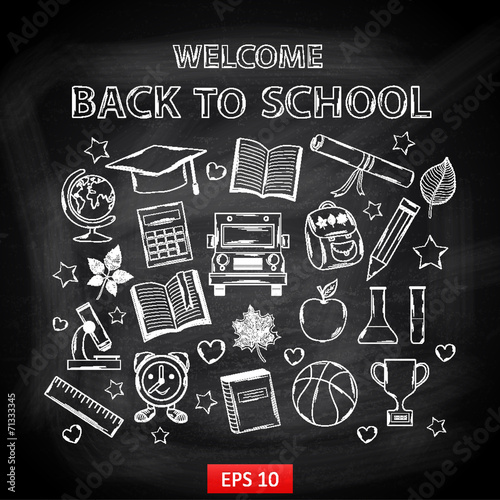Chalk board Welcome back to school,with thematic elements