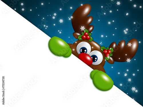 christmas cartoon reindeer over blue background holding blank photo