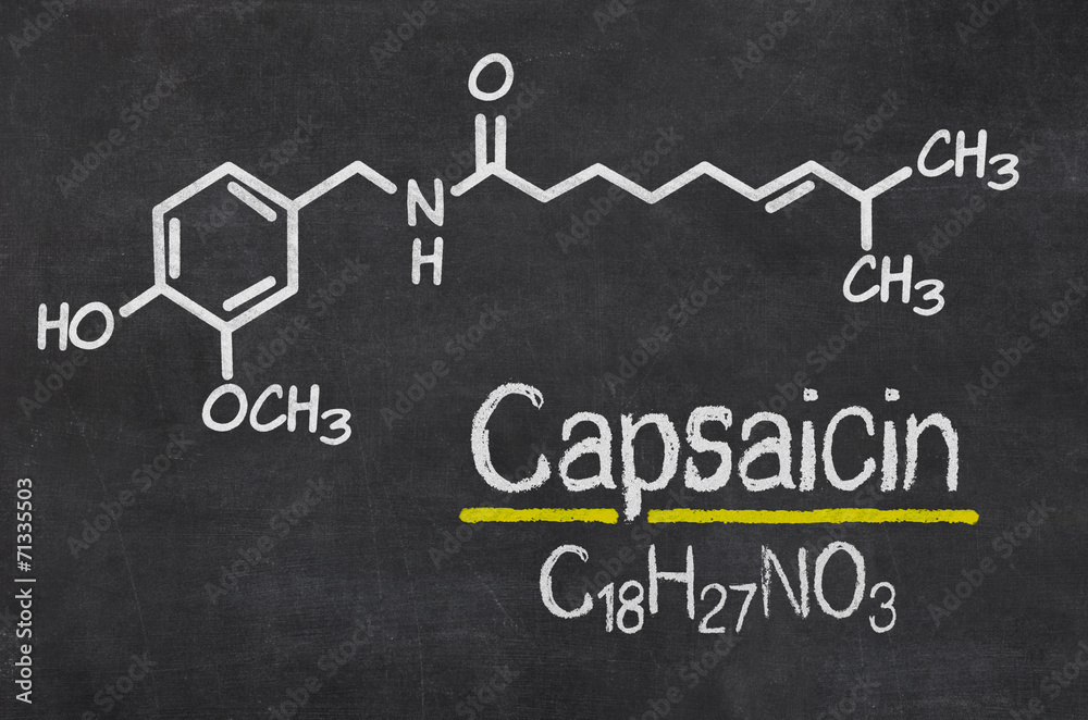 Schiefertafel mit der chemischen Formel von Capsaicin Schiefertafel mit der chemischen Formel von Capsaicin
