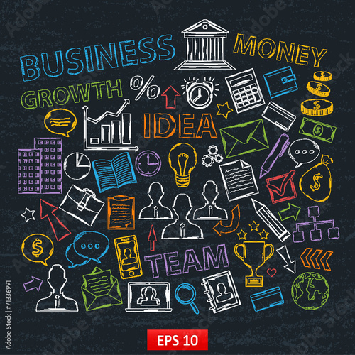 Doodle business icons set on chalk board