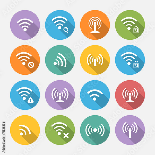 Set of sixteen different flat vector wi-fi and wireless icons wi