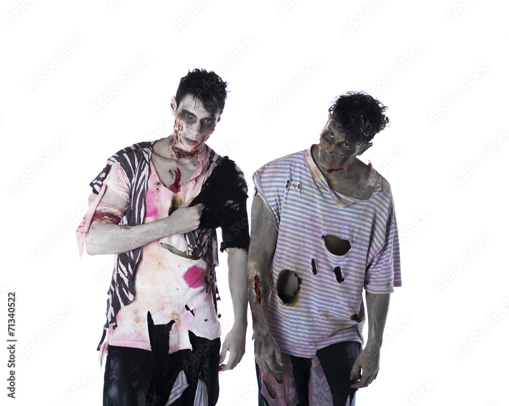 Two male zombies standing isolated on white background Two male zombies standing isolated on white background