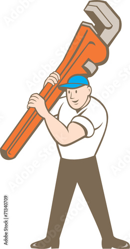 Plumber Carrying Monkey Wrench Cartoon