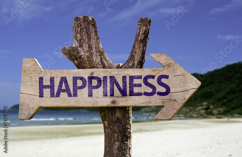 Happiness wooden sign with a beach on background