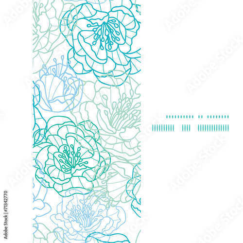 Vector blue line art flowers vertical frame seamless pattern