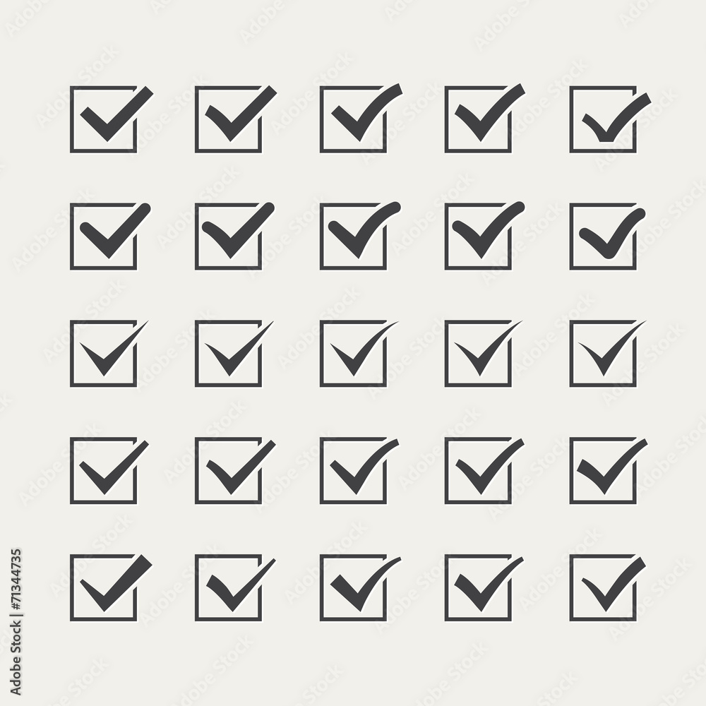 Set of twenty-five different grey vector ticks or check marks Set of twenty-five different grey vector ticks or check marks