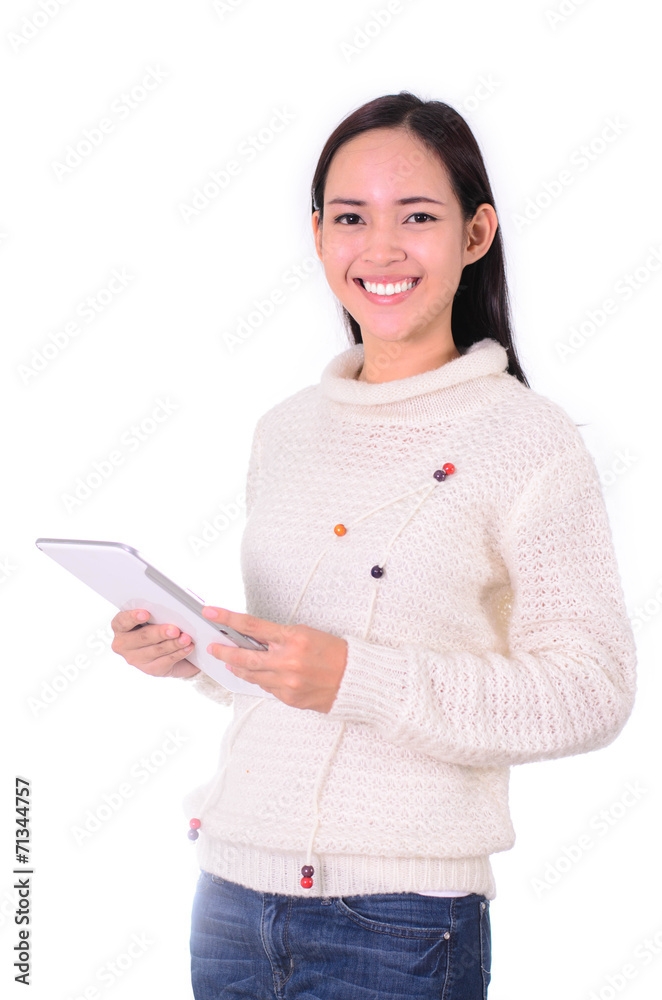Teenager student happy leaning with tablet Isolated. Teenager student happy leaning with tablet Isolated.
