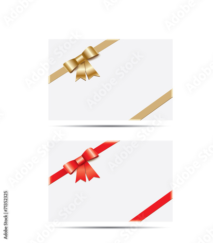 Set of card note with red and gold gift bows with ribbons