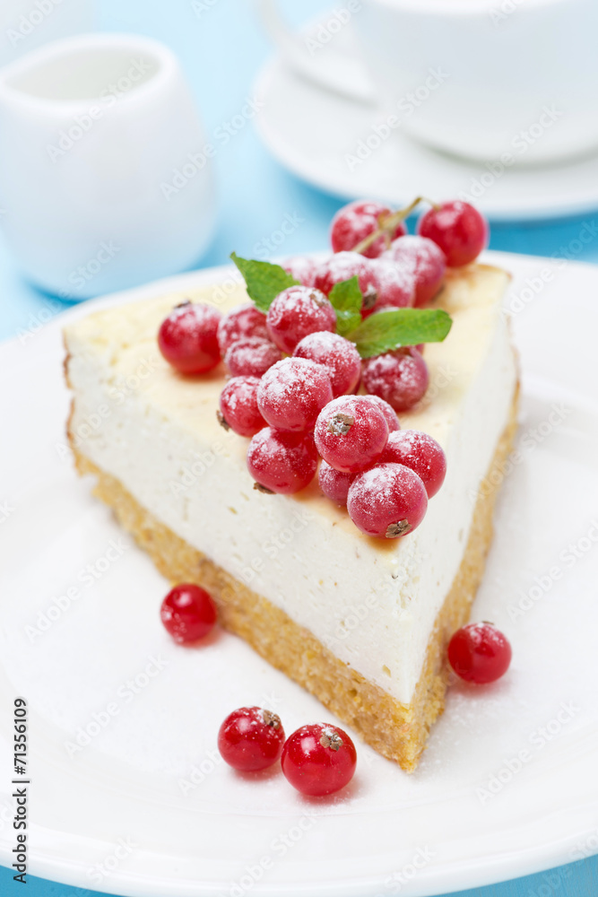 cheesecake with red currants on the plate