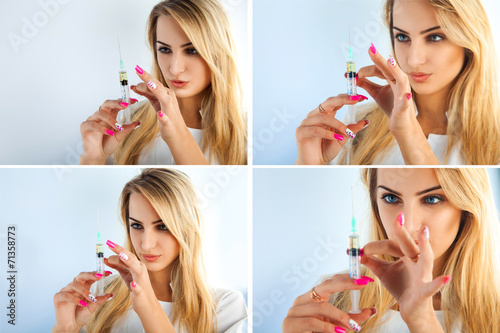 Sexy adult blonde nurse checks syringe