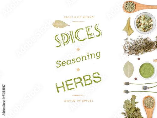 different spices and herbs on white background. top view © 123object_stock