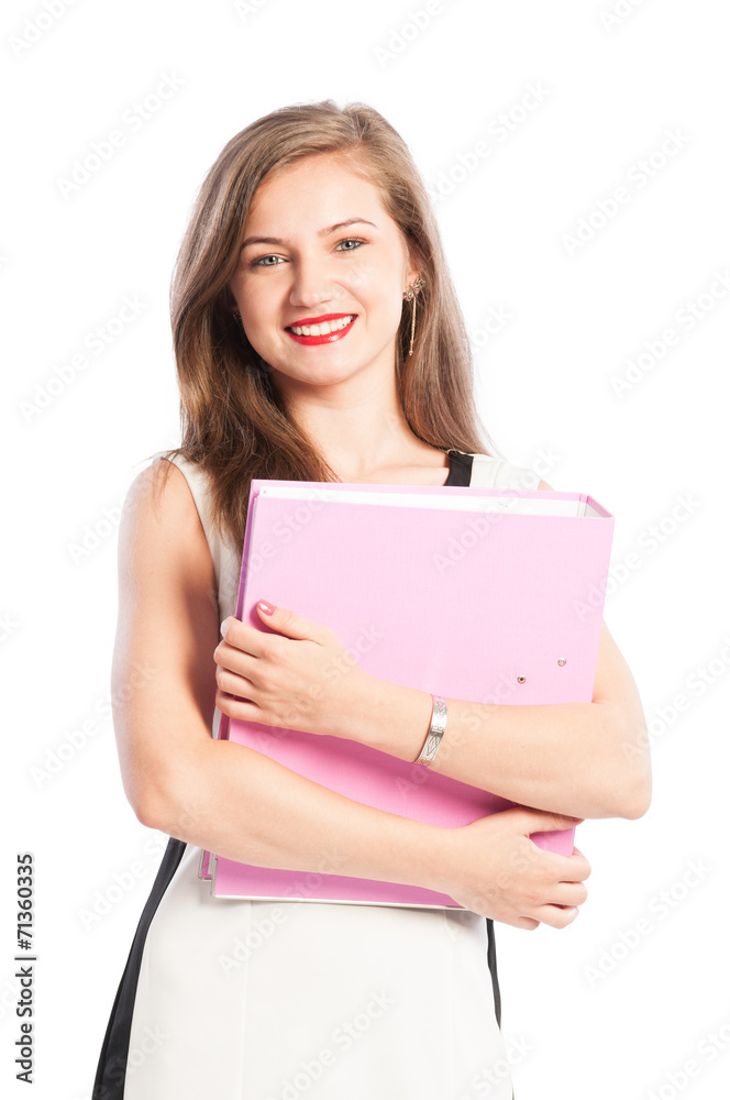 Smiling business woman holding portolio. Smiling business woman holding portolio.