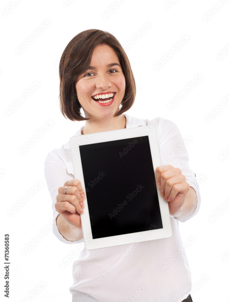 Beautiful brunette presenting a digital tablet Beautiful brunette presenting a digital tablet