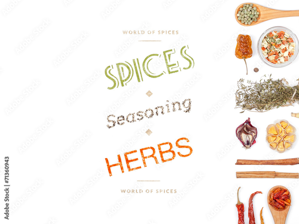 Fototapeta premium different spices and herbs on white background. top view