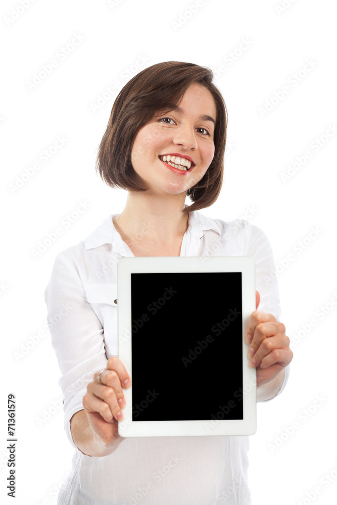 Brunette presenting a digital tablet Brunette presenting a digital tablet