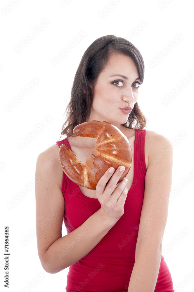 Attractive young woman with bagel, isolated on white background. Attractive young woman with bagel, isolated on white background.