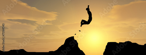 Human man silhouette jumping at sunset banner