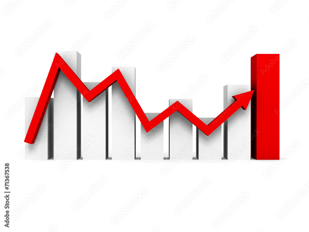 Business bar chart graph with rising red arrow Business bar chart graph with rising red arrow