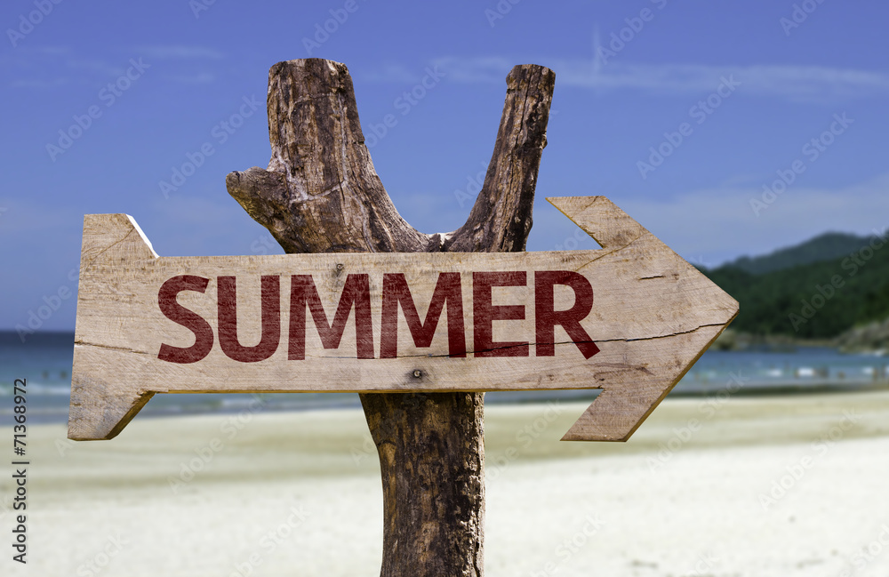 Summer wooden sign with a beach on background