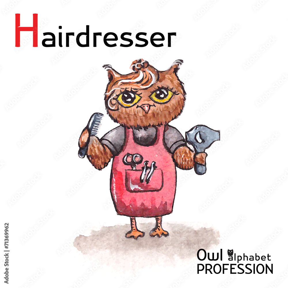 Obraz premium Alphabet professions Owl Letter H - Hairdresser character on a