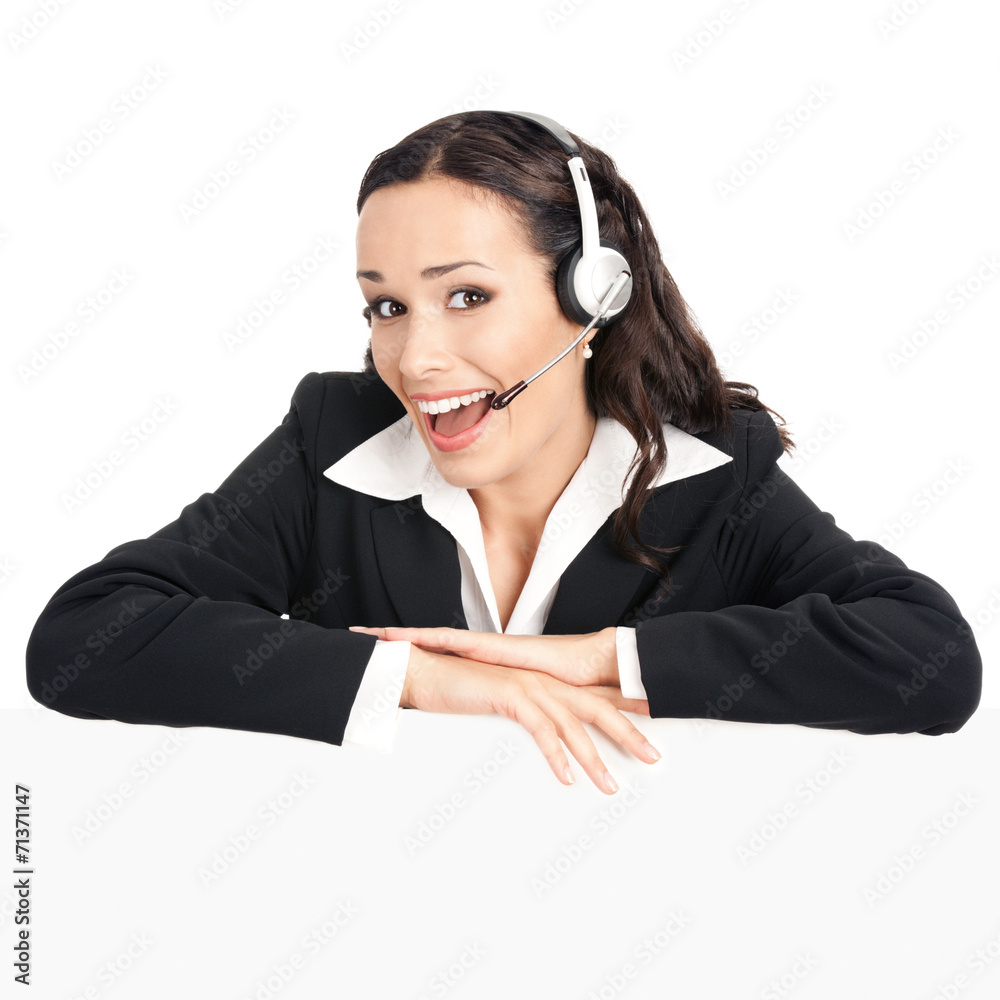 Support phone operator with signboard, isolated Support phone operator with signboard, isolated