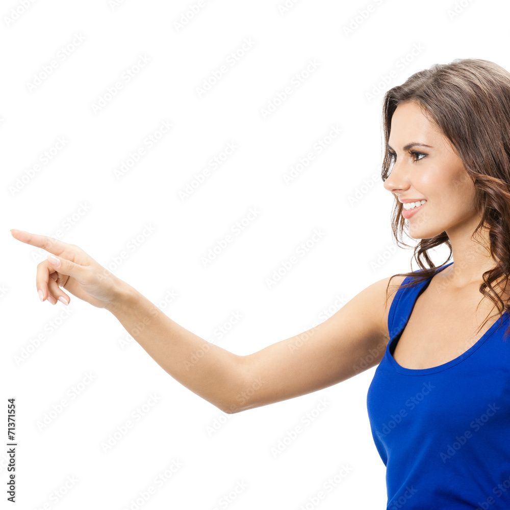 Beautiful young woman showing, on white Beautiful young woman showing, on white