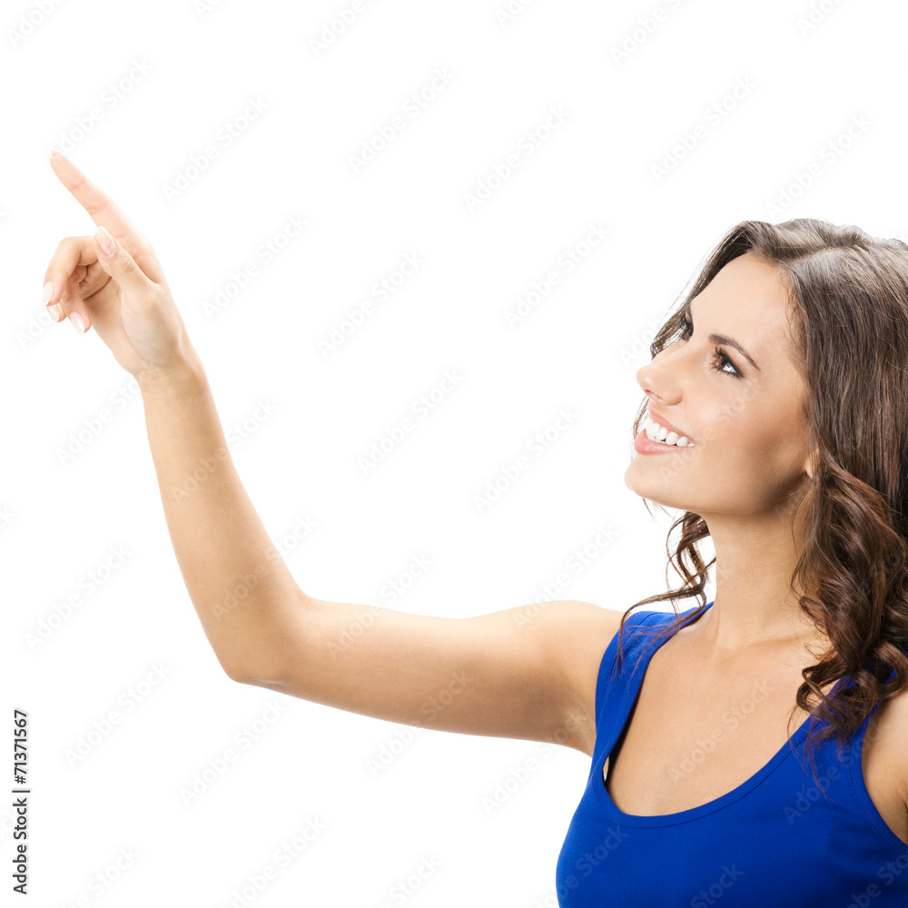 Beautiful young woman showing, on white Beautiful young woman showing, on white