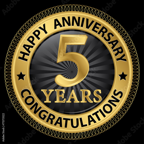 5 years happy anniversary congratulations gold label with ribbon