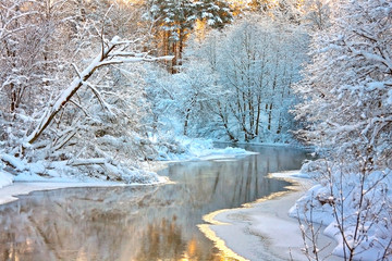Papier peint photo Pantone 2025 Mocha Mousse winter landscape with a river at sunset  © lyudmila15