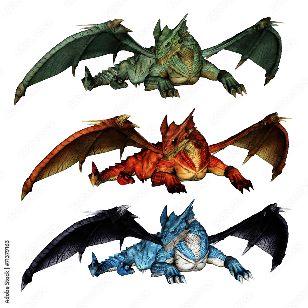 Dragons with outstretched wings in green red and blue - obrazy, fototapety, plakaty 
