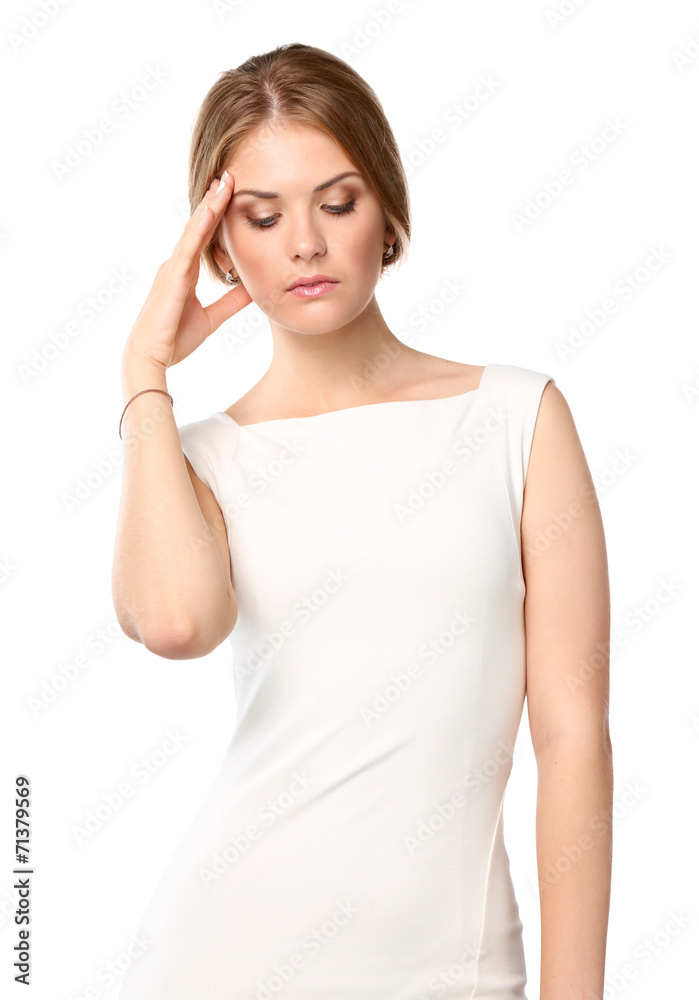 Woman with a headache holding head, isolated on white background Woman with a headache holding head, isolated on white background