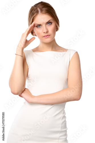 Woman with a headache holding head, isolated on white background