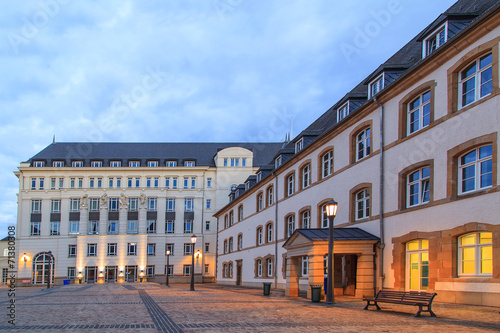 A view of a Luxembourg buildings in the dusk
