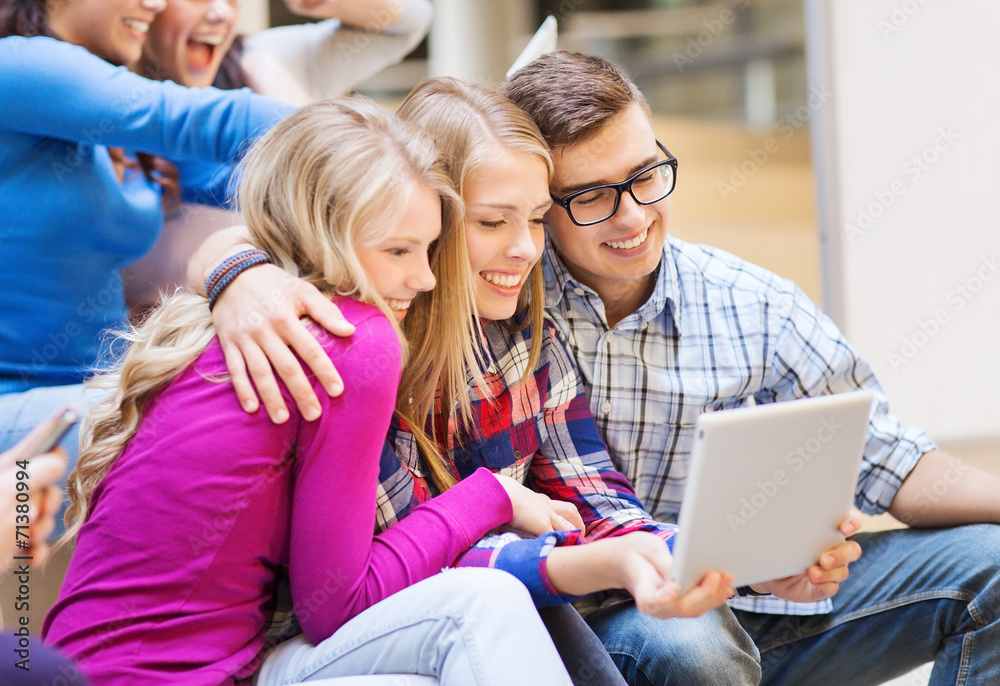 group of smiling students with tablet pc group of smiling students with tablet pc