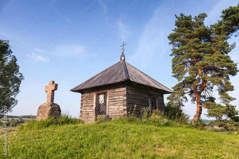 Orthodox chapel and a stone cross on Savkina gorka Orthodox chapel and a stone cross on Savkina gorka