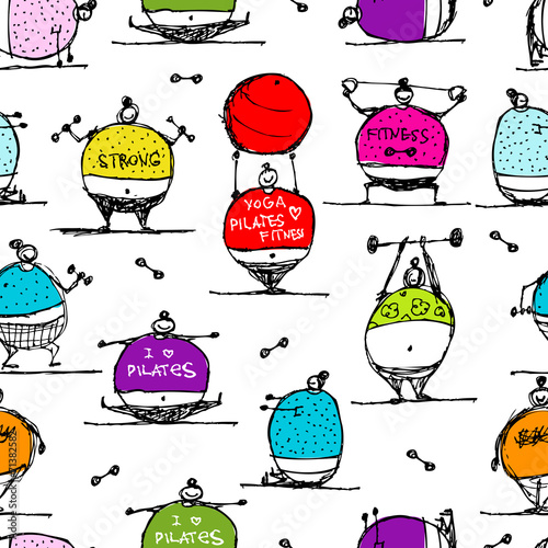 Fat people doing sports, seamless pattern